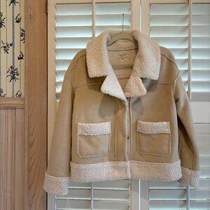 Marine Layer faux suede & faux shearling jacket in tortoise shell/cream